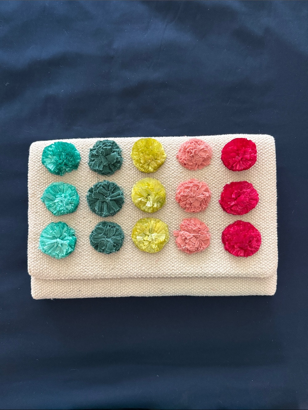 Stella & Dot Cream Clutch with Multi-Color Pom Accents